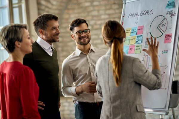 equipe de negocios feliz cooperando enquanto analisa o progresso do negocio no quadro branco