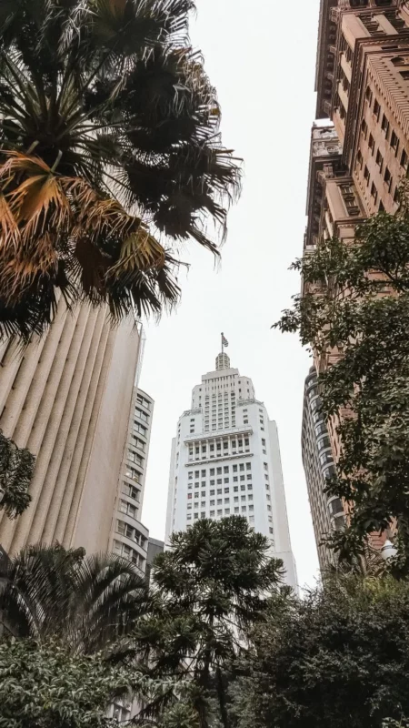 Prédios do centro financeiro de São Paulo vistos de baixo, com o Edifício Altino Arantes ao fundo