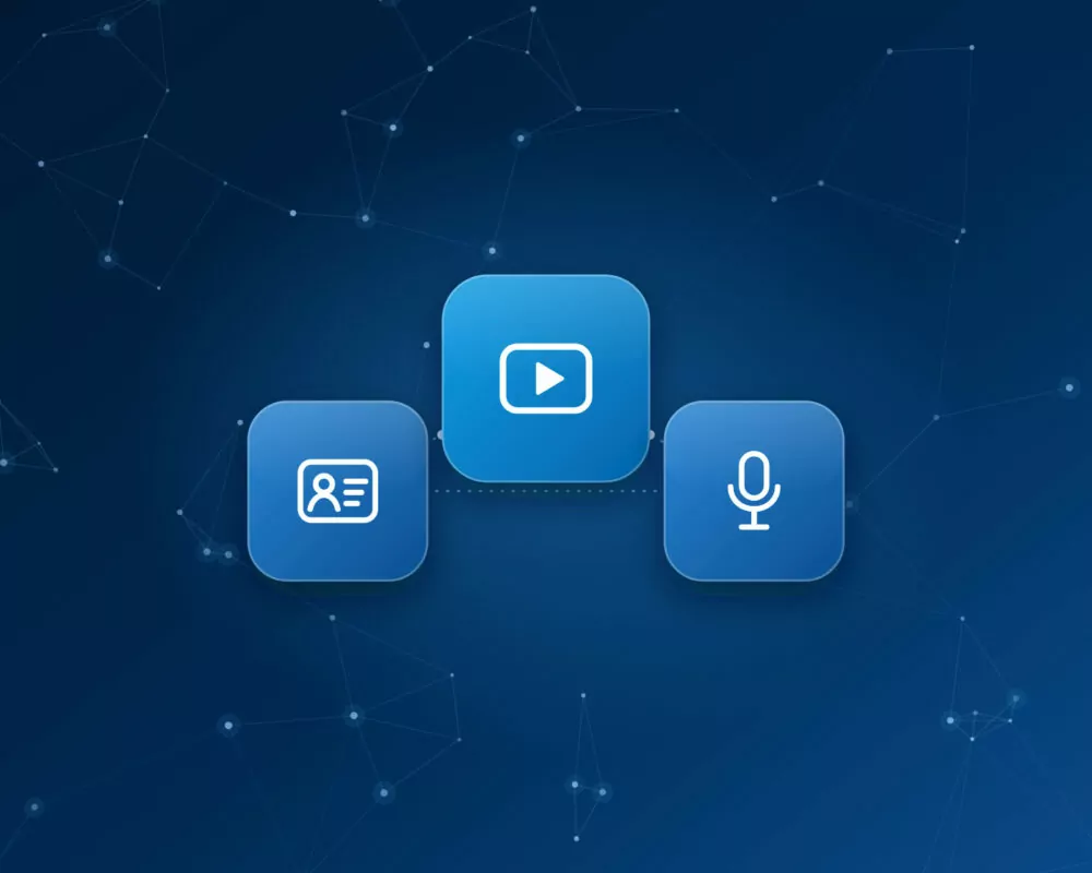 Ícones de perfil profissional, vídeo e podcast representando as redes da CLM Controller